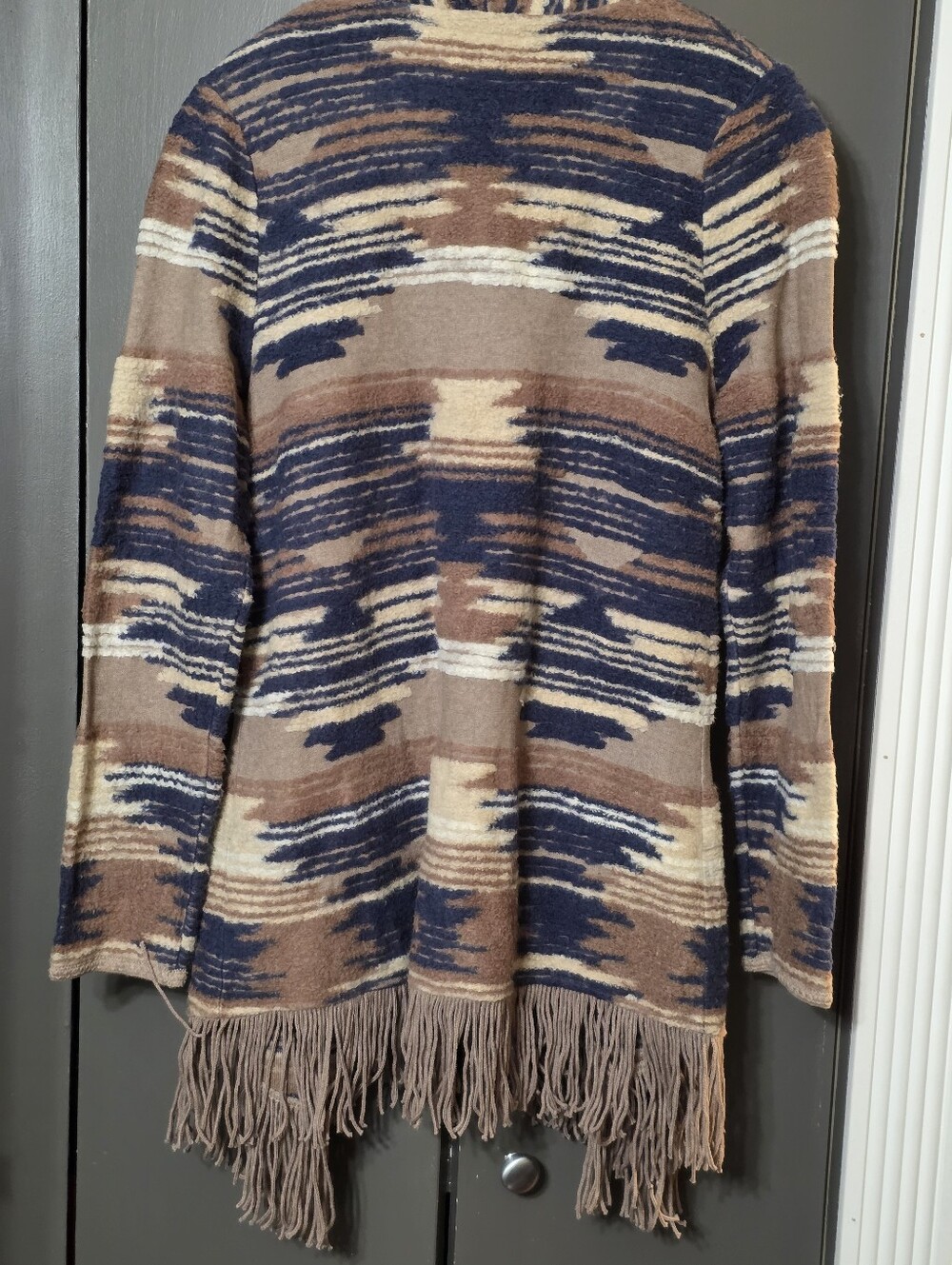 Lucky Brand Beige and Navy Striped Fringe Open Cardigan - Picture 6 of 6